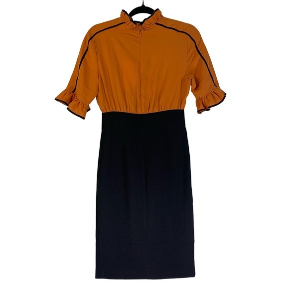 MARCOBOR Orange‎ & Black Tiana Ruffle Midi Pencil Dress - NWT - Picture 9 of 15